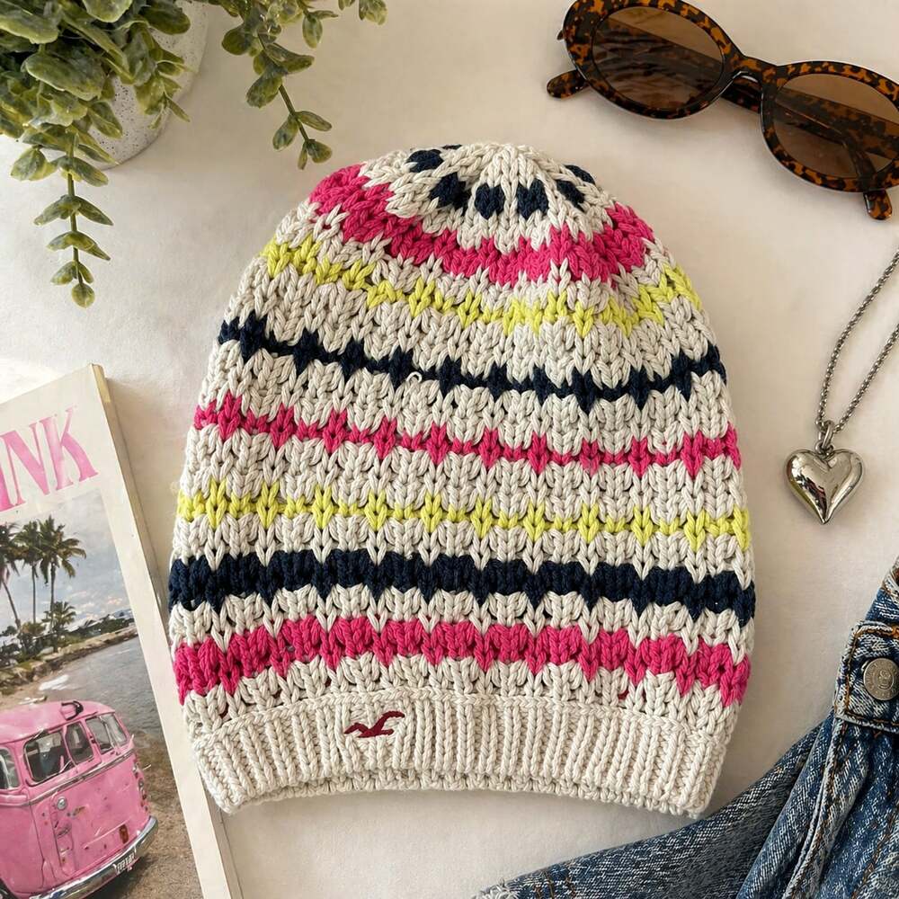 Hollister Knit Beanie One Size Y2K Striped Cozy Indie Soft‎ Girl